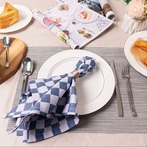 Buffalo Plaid Checkered  Cotton Cloth Dining Napkins Blue 20x20 Inches 12 Pieces